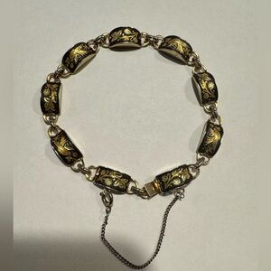 Vintage Damascene Black and Gold Bird & Floral Panel Link Bracelet